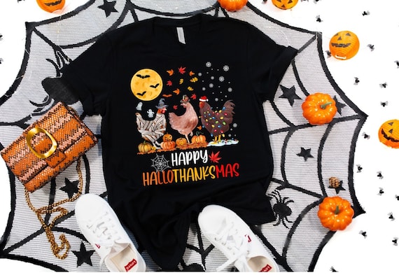 HalloThanksMas Shirt, Halloween Chicken, Thanksgiving Tee, Ugly Christmas Tee, Chicken Lover Gift, Funny Christmas Tee, Happy Halloween Tee