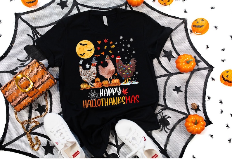 HalloThanksMas Shirt, Halloween Chicken, Thanksgiving Tee, Ugly Christmas Tee, Chicken Lover Gift, Funny Christmas Tee, Happy Halloween Tee bild 1