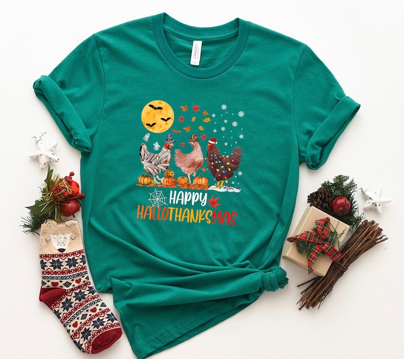 HalloThanksMas Shirt, Halloween Chicken, Thanksgiving Tee, Ugly Christmas Tee, Chicken Lover Gift, Funny Christmas Tee, Happy Halloween Tee bild 4