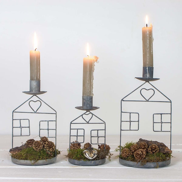 Haus Kerzenständer | verzinktes Metall  | 3 Größen | Kerzenleuchter Stabkerzen | Kerzenhalter Weihnachtsdeko | Adventskranz | Weihnachten
