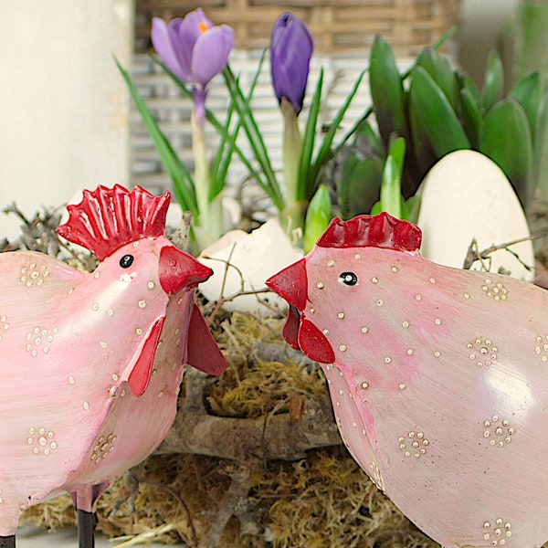 Rooster and hen made of metal | Set of 2 | Pair of chickens pink | Metal chickens | Easter decoration | Handwork