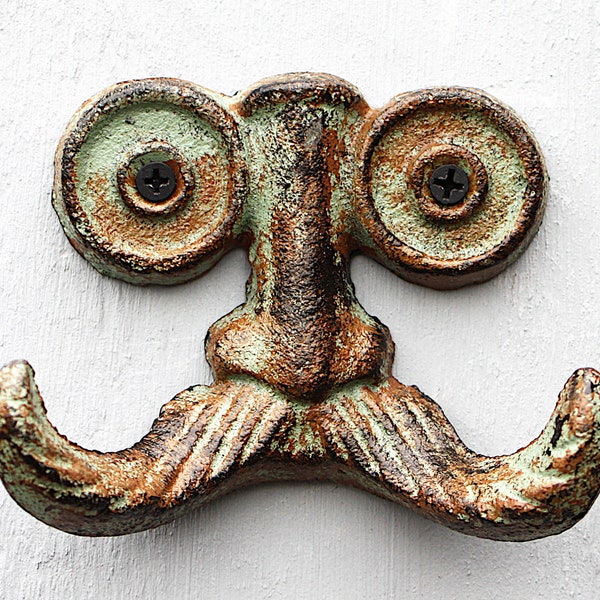 Wall hook beard face made of cast iron double hook beard mustache hook antique green antique brown