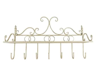Große Garderobe mit Ablage | Alt Weiß | Metall | Wandmontage | Wandhaken | Garderobe | Hakenleiste | Garderobenhaken | Haken | Creme | Neu