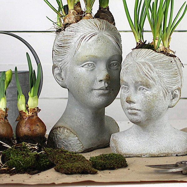 Plant Bust Girl 2 Sizes Flower Pot Planter Plant Head Cement Concrete Stone Figure Sculpture Cast Stone