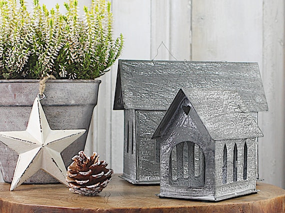 Vintage Windlichthaus 2 Größen Grau Shabby Lichterhaus Laterne Windlicht Haus Metall Zink Teelichthalter