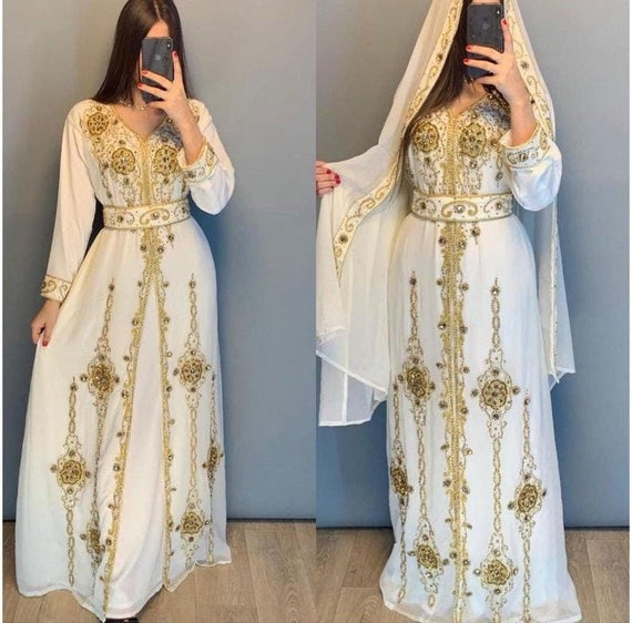 Buy White and Gold Designer Stylish Sleeve Wedding Kaftan Takchita Moroccan  Dress With Free Plain Hijab Online in India - Etsy | Types of women  dresses, Moroccan dress, Caftan dress