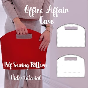 Puede incluir: Una bolsa tote roja con asa es sostenida por una persona. La bolsa tiene forma rectangular con la parte superior curvada. El texto de la imagen dice "Office Affair Case", "Pdf Sewing Pattern" y "Video tutorial". También se muestra un diagrama de la bolsa.