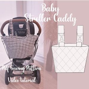 May include: A black and white gingham baby stroller caddy bag attached to a stroller. The image also includes a line drawing of a caddy bag with straps and the text "Baby Stroller Caddy" and "Pdf Sewing Pattern + Video tutorial".