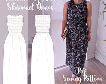 Shirred Dress Sewing Pattern: Elastic Bodice (PDF Download XS–XL)| Short and long version included
