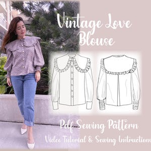 Haut à col Claudine | Chemisier à manches longues | Patron de couture PDF + Tutoriel vidéo | Col Claudine oversize | Taille US 04-22 |