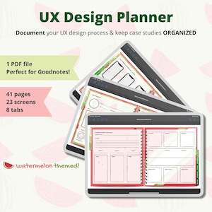 Planificateur de conception UX pour iPad | Journal pour le processus de conception | Thème de la pastèque verte et rose