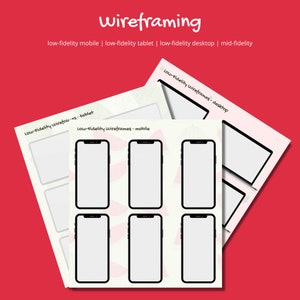 May include: A set of six low-fidelity wireframes for mobile app design. The wireframes are black and white and feature a simple, minimalist design.