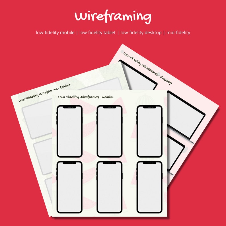 May include: A set of six low-fidelity wireframes for mobile app design. The wireframes are black and white and feature a simple, minimalist design.