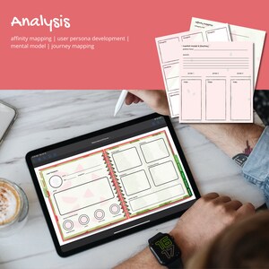 May include: A digital tablet displaying a user persona template with sections for user demographics, needs, and pain points. The template is designed for user research and analysis.