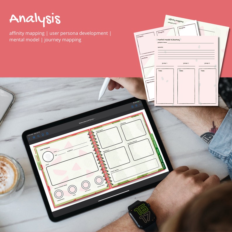 May include: A digital tablet displaying a user persona template with sections for user demographics, needs, and pain points. The template is designed for user research and analysis.