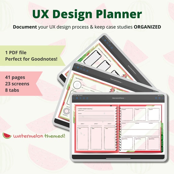 UX Design Planner for iPad | Journal for Design Process | Green & Pink Watermelon Theme