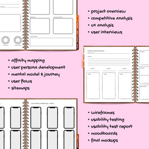 Pode incluir: Um caderno espiral com capa rosa e encaderna&ccedil;&atilde;o marrom. O caderno &eacute; dividido em se&ccedil;&otilde;es com abas rotuladas como "Vis&atilde;o geral do projeto", "Pesquisa do usu&aacute;rio", "Design" e "Desenvolvimento". Cada se&ccedil;&atilde;o cont&eacute;m uma lista de tarefas e um espa&ccedil;o em branco para anota&ccedil;&otilde;es. O caderno &eacute; projetado para designers UX e inclui se&ccedil;&otilde;es para mapeamento de afinidade, desenvolvimento de persona de usu&aacute;rio, modelo mental e jornada, fluxos de usu&aacute;rio, mapas do site, wireframes, testes de usabilidade, relat&oacute;rio de teste de usabilidade, moodboards e mockups finais.