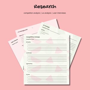 May include: A printable worksheet with a light green background and pink watermelon illustrations. The worksheet is divided into sections for competitor analysis, UX analysis, and user interviews. The sections include prompts for competitor name, strengths, weaknesses, opportunities, threats, differentiators, usability, and research goals.
