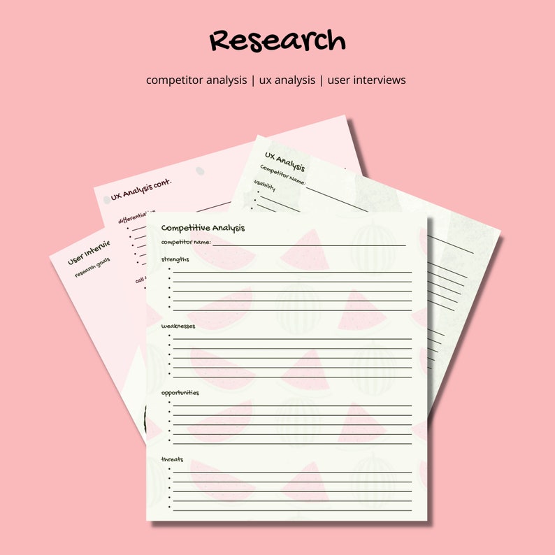 May include: A printable worksheet with a light green background and pink watermelon illustrations. The worksheet is divided into sections for competitor analysis, UX analysis, and user interviews. The sections include prompts for competitor name, strengths, weaknesses, opportunities, threats, differentiators, usability, and research goals.