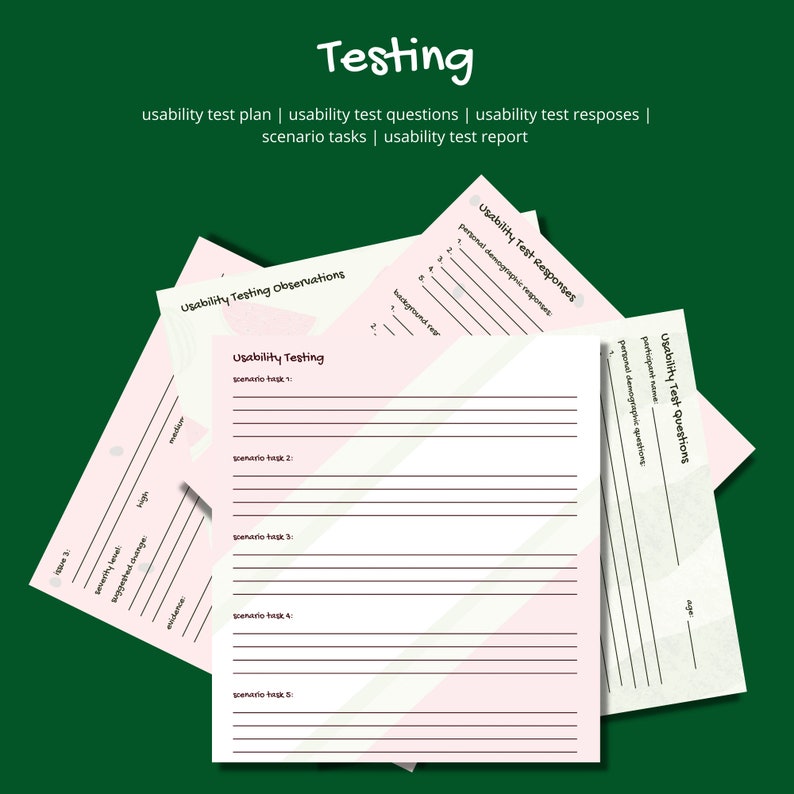 May include: A usability testing template with sections for usability test observations, usability testing, usability test questions, and usability test responses. The template is designed to help you conduct and document usability tests.