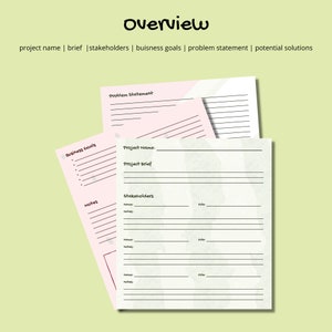 May include: A printable worksheet with sections for project name, brief, stakeholders, business goals, problem statement, and potential solutions. The worksheet has a light green background with a watercolour effect.