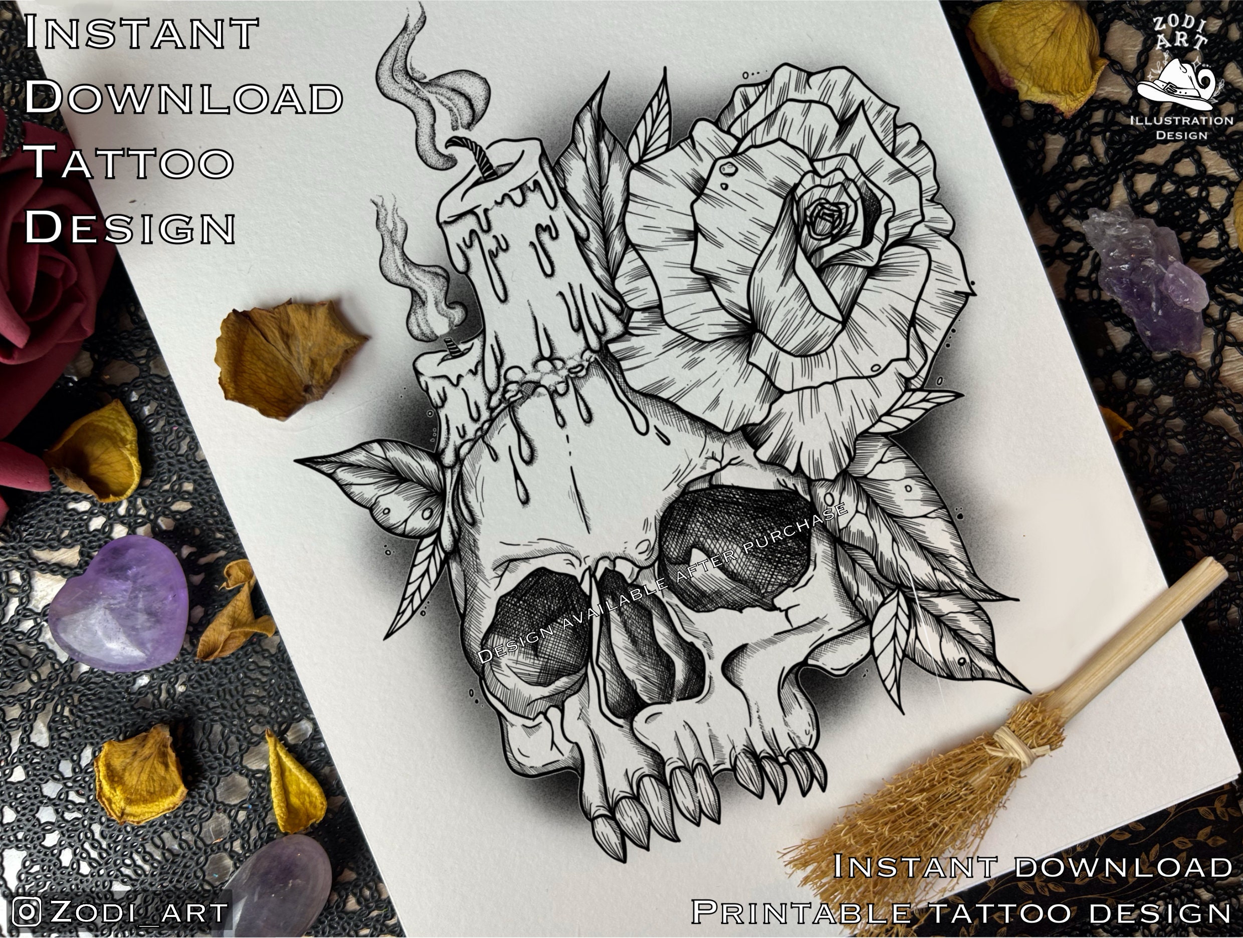 Tattoo Design Human Skull With Rose and Candle Floral - Etsy