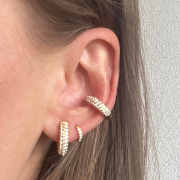 Boucles d'oreilles créoles pavé diamant en plaqué or 18 carats en argent sterling 925