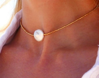 Collar / Cuello afeitado perlas chapadas en oro de 18 quilates y perla real de agua dulce