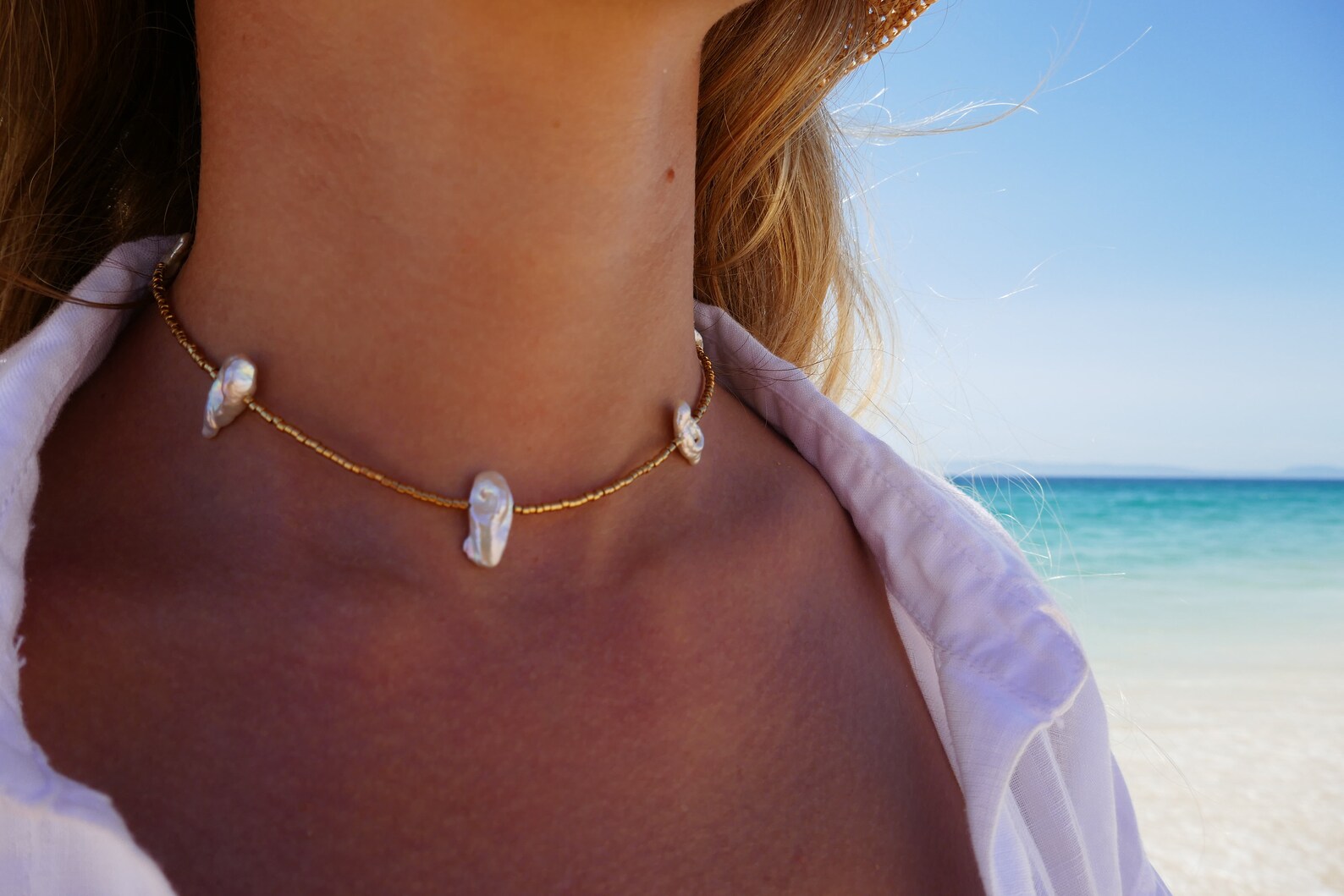 Collier / Ras De Cou Perles Plaqué or 18 Carats Et Veritable Perle D