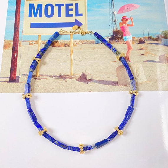 Collier Perles Lapis-lazuli Naturel Bleu - Perles Rectangulaires, Longueur 18 Pouces, Réglable, Fait Main