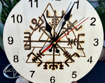 Vegvisir, Valknut-Hand drawn and Hand Burned Clock.  9 inch