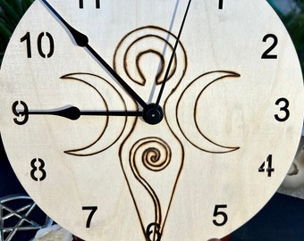 Triple Moon Goddess-Hand Wood Burned Wooden Clock