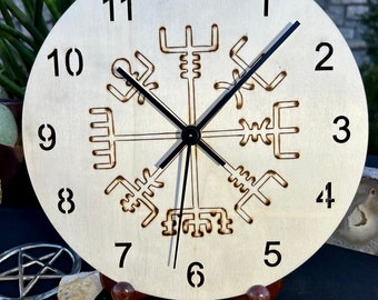 Vegvisir- Protection and Guidance- Hand Drawn and Hand Wood Burned Wooden Clock