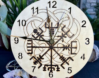 Vegvisir, Celtic Knot Protection and Guidance- Hand Drawn and Hand Wood Burned Wooden Clock
