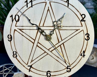 Pentagram Hand Drawn and Hand Wood Burned Wooden Clock