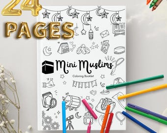 May include: A black and white coloring book with the title "Mini Muslims Coloring Booklet" and 24 pages. The cover features a variety of Islamic-themed illustrations, including a mosque, stars, crescent moons, and a lantern.