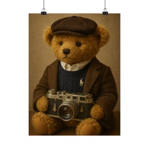May include: A plush teddy bear wearing a brown tweed blazer, a navy blue sweater with a white shirt underneath, and a brown cap. The bear is holding a vintage silver and black camera.