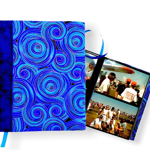 Stylish & Colorful Fabric Covered Photo Album with Sleeves, Holds 64 - 4”x6” Photos on a Black Mesh Background, Modern Blue Swirl Design