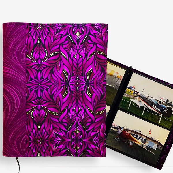 Stylish & Colorful Fabric Covered Photo Album with Sleeves, Holds 64 - 4”x6” Photos, Black Mesh Background, Paula Nadelstern Fabric Design