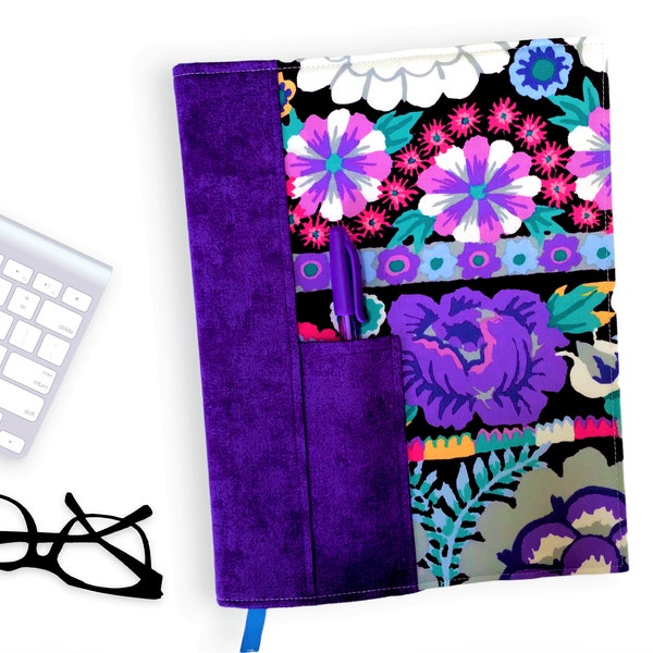 Composition Notebook Cover, Colorful Fabric & Fully Lined, Pen Pocket, Elastic Closure, Reusable, Kaffe Fassett "Embroidered Flower"