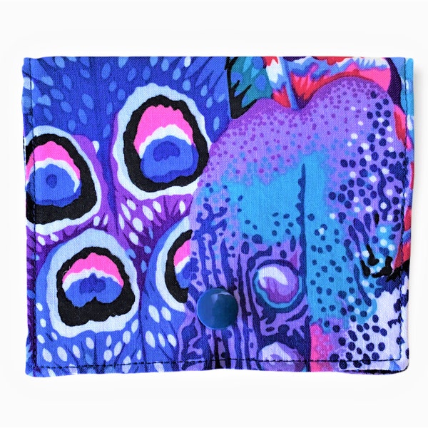Designer Fabric Card Case, Mini-Wallet for Credit Cards or Car Documents, Clear Window, Snaps Closed, Kaffe Fassett "Feathers - Cool"