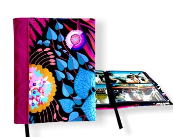 Stylish & Colorful Fabric Covered Photo Album with Sleeves, Holds 64 - 4”x6” Photos, Black Mesh Background, Anna Maria Horner Design Fabric