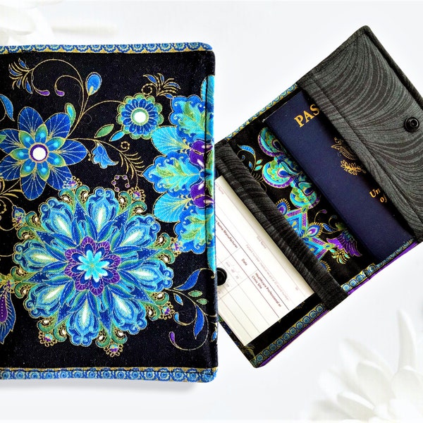 Combination Passport & Travel Card Case, Clear Window Pocket, Interior Fabric Sleeve, Snaps Closed, Slim Bi-Fold Design, Asian Inspired