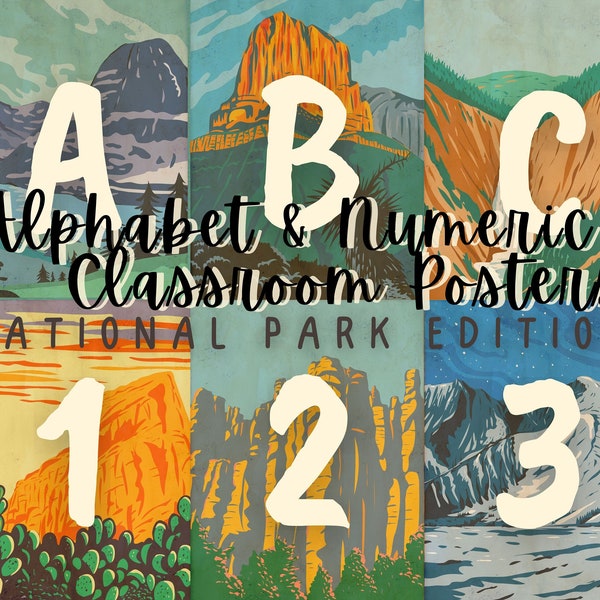 Alphabet & Number Posters | National Park Edition - White Print | Capital Letters Only | Printable Classroom Posters | Digital Download