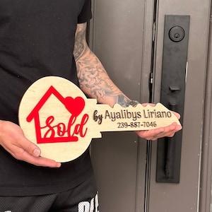 Wood House Key Sold Sign, Closing Photo Prop, Modern Key Sign for Realtors, Sold By Key, Closing Sign, Sold Sign, Laser Cut Realtor Sign