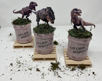 May include: Three miniature dinosaur figurines on top of small wooden crates with moss. Each crate has a label that reads "CONTAINS LIVE DINOSAURS".