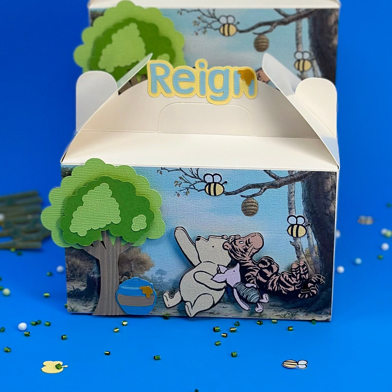 Winnie the Pooh classic floral Personalised Childrens Party Box Gift Bag Favour Winnie the Pooh Birthday Personalized Party