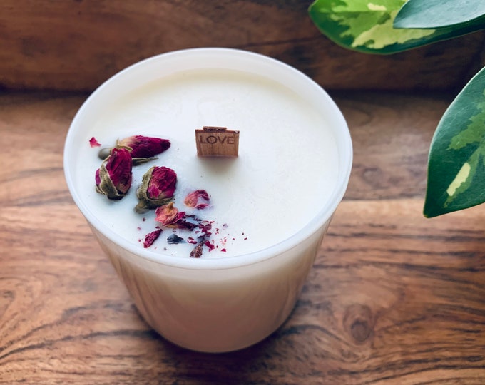 Rosebud | "LOVE" Wood Wick | Rose Quartz Crystal | Clean Candle