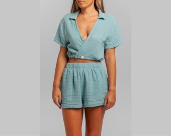 Breeze Harmony: Muslin 100% Cotton Women's Blouse & Short Co-ord Set - Blue - Gauze Shirt