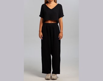 Muslin Ease: 100% Cotton Women's Cozy & Cool Pant - Black - Gauze Trouser